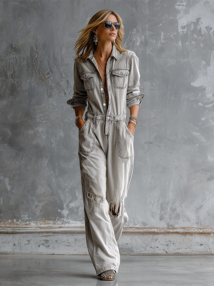 Chic And Casual Light Grey Distressed Ripped Denim Jumpsuit