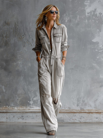 Chic And Casual Light Grey Distressed Ripped Denim Jumpsuit