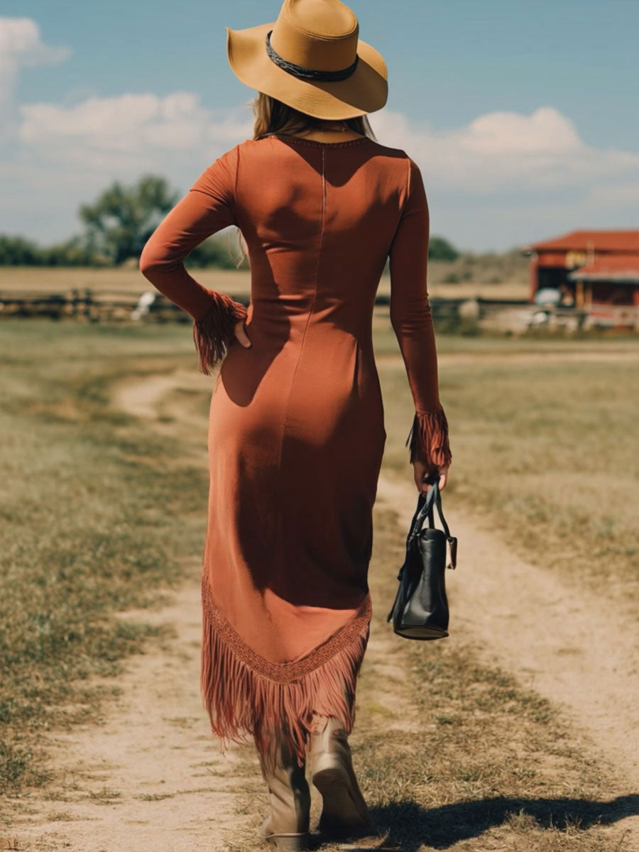 Western Retro Brick Red Cotton Long Sleeve Tassel Maxi Dress