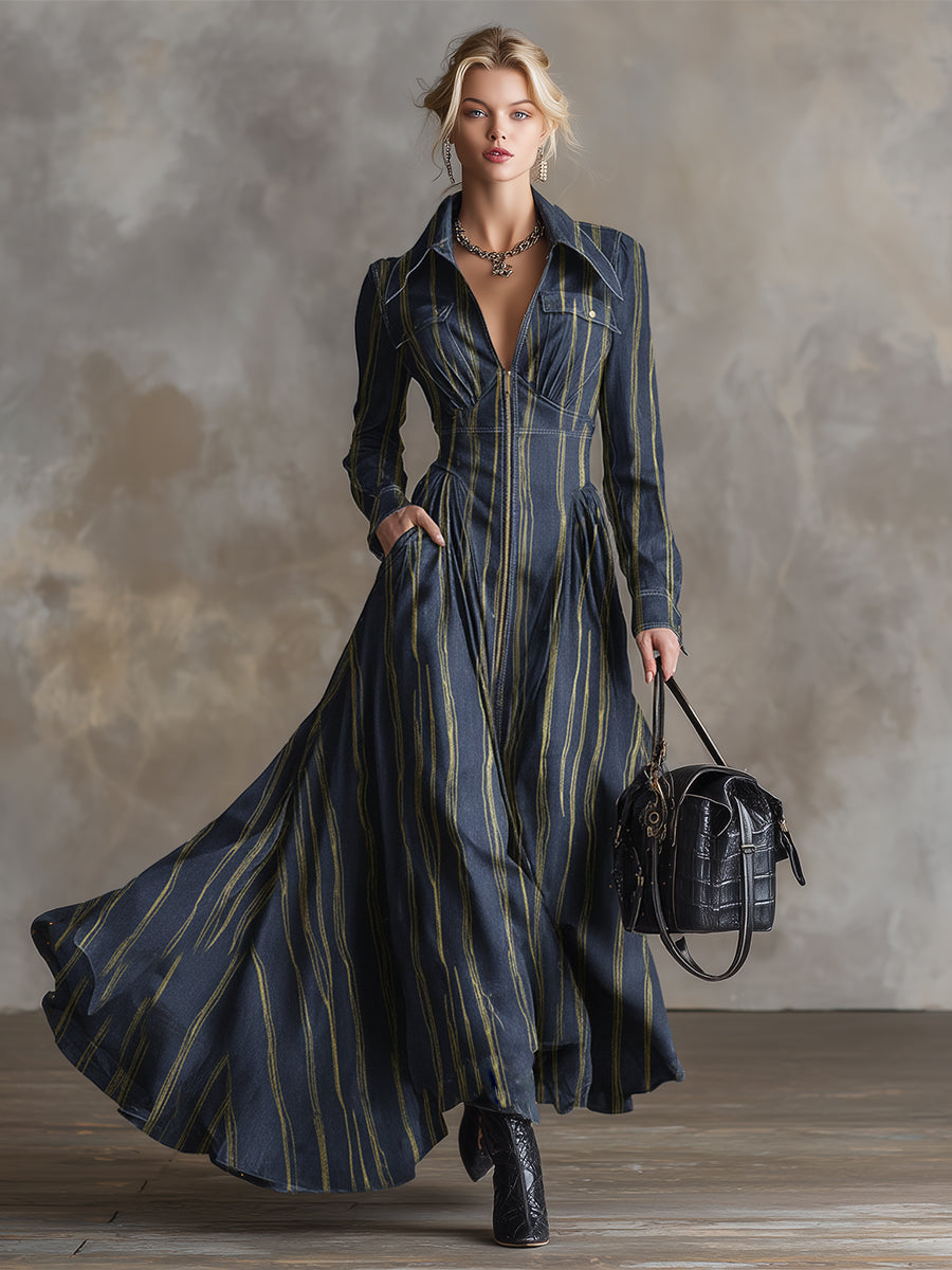 Elegant Urban Deep Blue Tencel Denim Striped Gold-stamped Maxi Dress