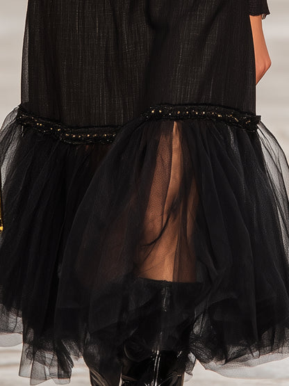 Western Black Cotton Linen Patchwork Tulle Round Neck Midi Dress