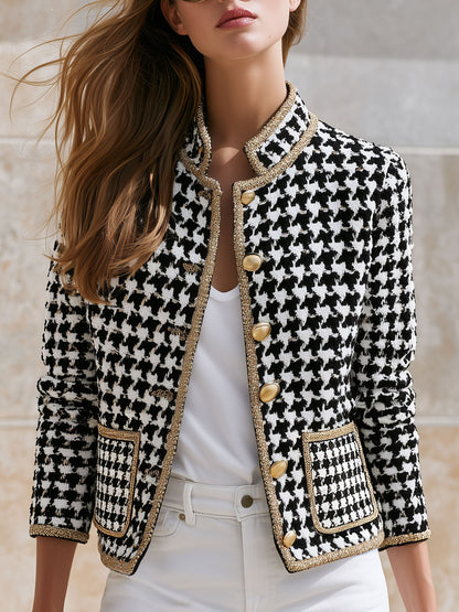 Fashionable Retro Gold-threaded Black And White Houndstooth Jacket