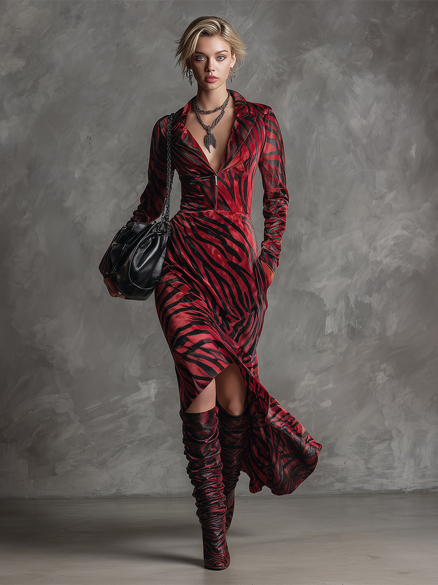 Elegant And Classic Red Zebra-print Lapel Velvet Maxi Dress
