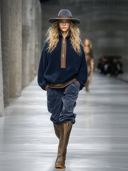 Retro And Fashionable Brown Trim Blue Teddy Fleece Sweatshirt