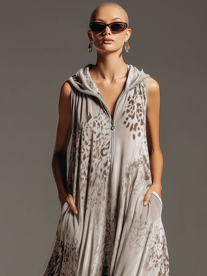 Western Retro Leopard Print Gray Velvet Hooded Maxi Dress