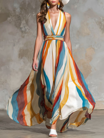 Vacation Retro Rainbow Striped Chiffon Sleeveless Maxi Dress