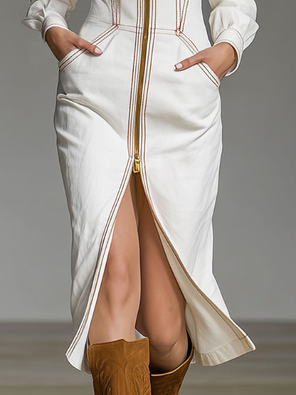 Fashionable Retro Long-sleeved White Denim Double-zip Midi Dress