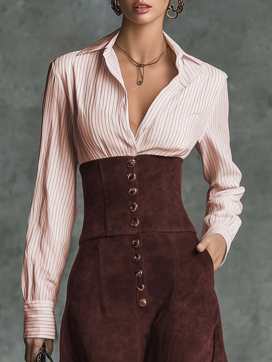 Vintage Elegant Pink Striped Cotton Shirt And Maroon Suede High-waisted Skirt Set