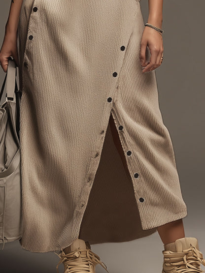 Sporty Retro Khaki Knit Ribbed Sleeveless Hooded Slit Maxi Dress