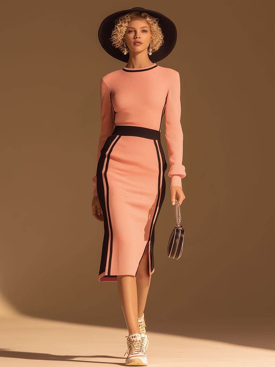 Stylish And Casual Round-neck Black And Pink Knitted Midi Dress