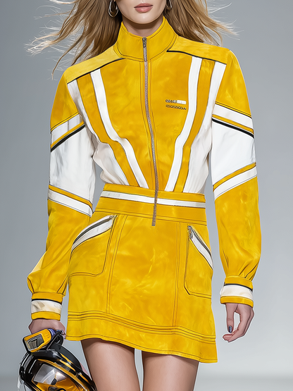 Stylish Retro Motorcycle Zipper Stand Collar Color-blocked Faux Suede Mini Dress
