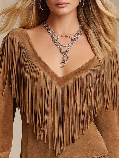 Retro Western Style V-neck Long-sleeved Fringed Faux Suede Mini Dress
