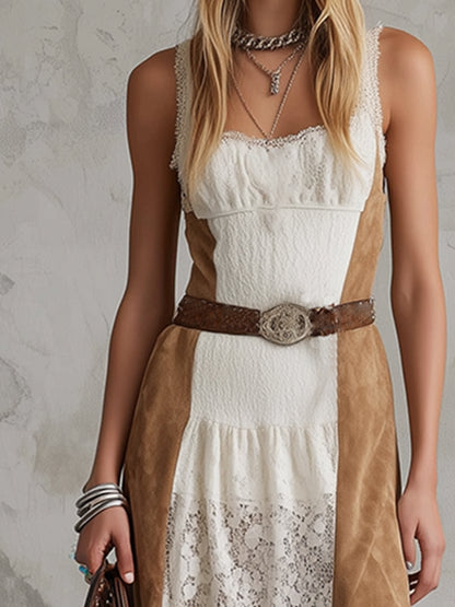 Vintage Western-style White Lace Patchwork Camel Faux Suede Wide-strap Midi Dress