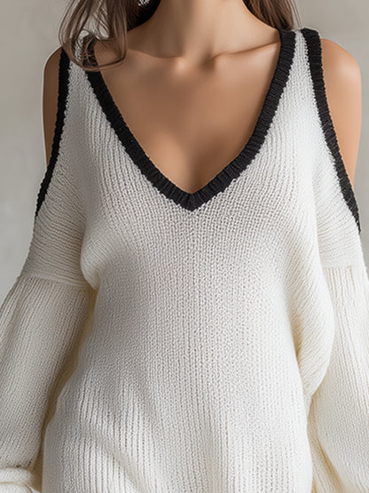 Elegant Trim  White Knitted Off-the-shoulder Long-sleeved Mini Dress