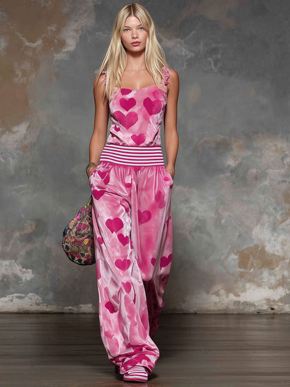 Pink Heart-print Sleeveless Jumpsuit