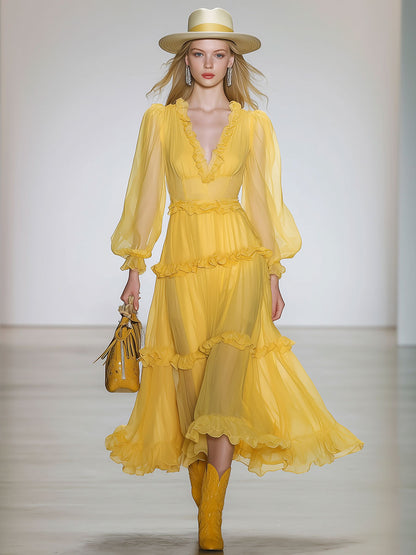 Stylish And Elegant Yellow V-neck Chiffon Midi Dress