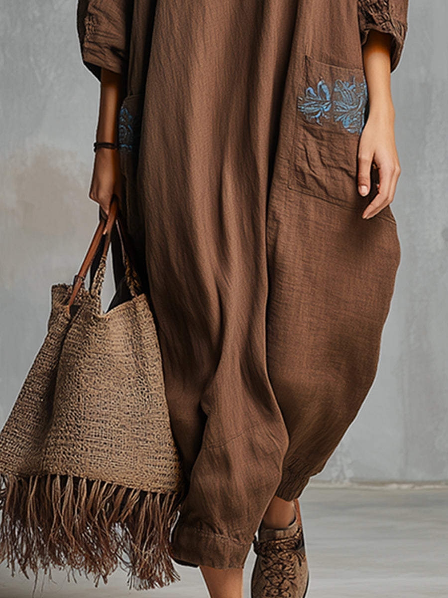 Classic And Simple Embroidered Brown Cotton And Linen Maxi Dress