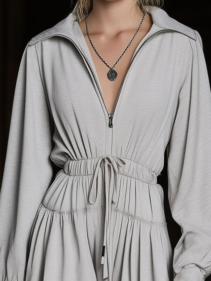 Classic Grey Sweatshirt-style  With Drawstring Waist And Long Sleeves Mini Dress