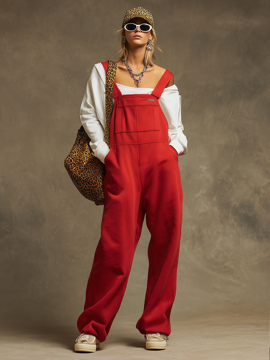 Sporty Retro Embroidered Red Cotton Blend Overalls Sleeveless Jumpsuit