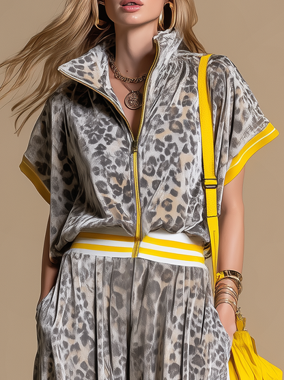 Retro Sporty Leopard Print Zip-up Stand-collar Velvet Short-sleeved Jumpsuit