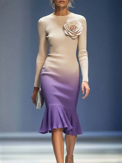Elegant Three-dimensional Floral Decoration Beige And Purple Knitted Midi Dress