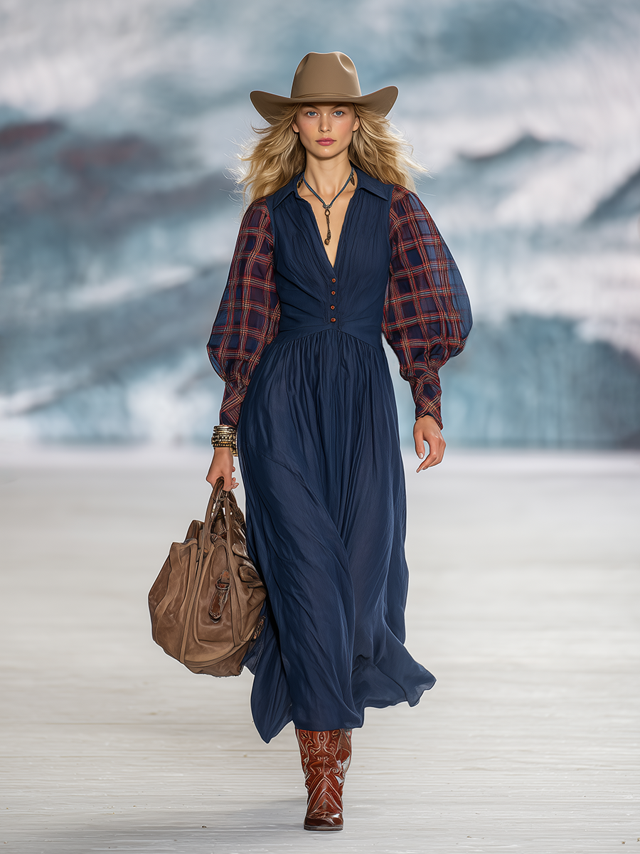 Retro-chic Red Plaid Sheer-sleeved Blue Tencel Maxi Dress