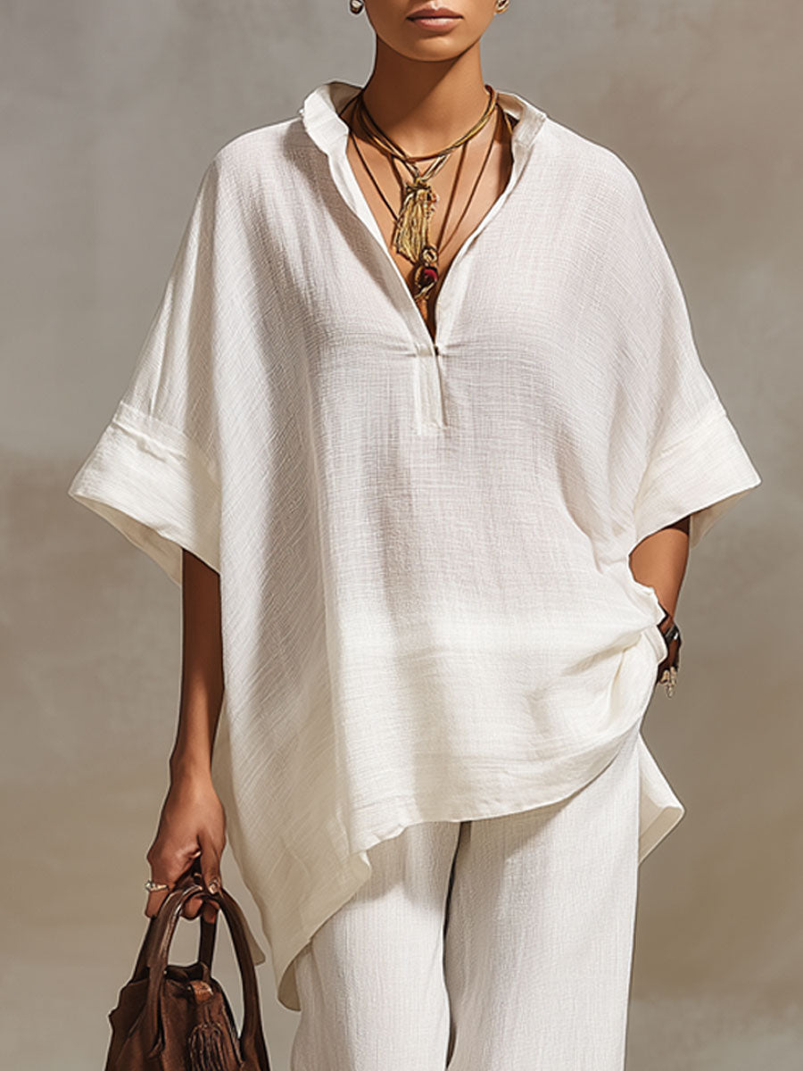 Casual Retro White Cotton And Linen Short-sleeved Top And Wide-leg Pants Set