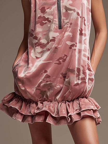 Western Retro Camouflage Pink Velvet Hooded Mini Dress