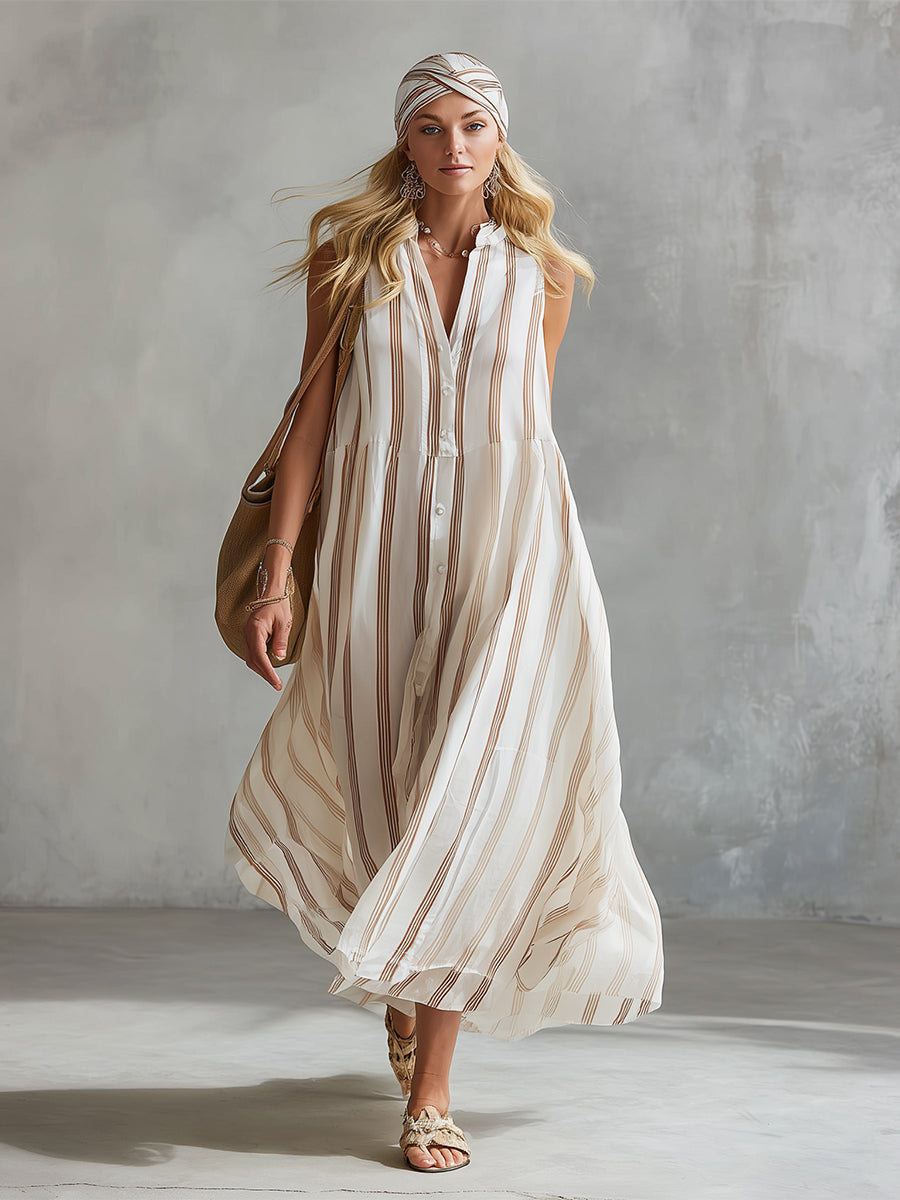 Romantic Vacation Style Off-white Chiffon Striped Print Sleeveless Maxi Dress