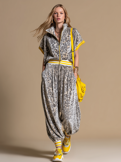 Retro Sporty Leopard Print Zip-up Stand-collar Velvet Short-sleeved Jumpsuit
