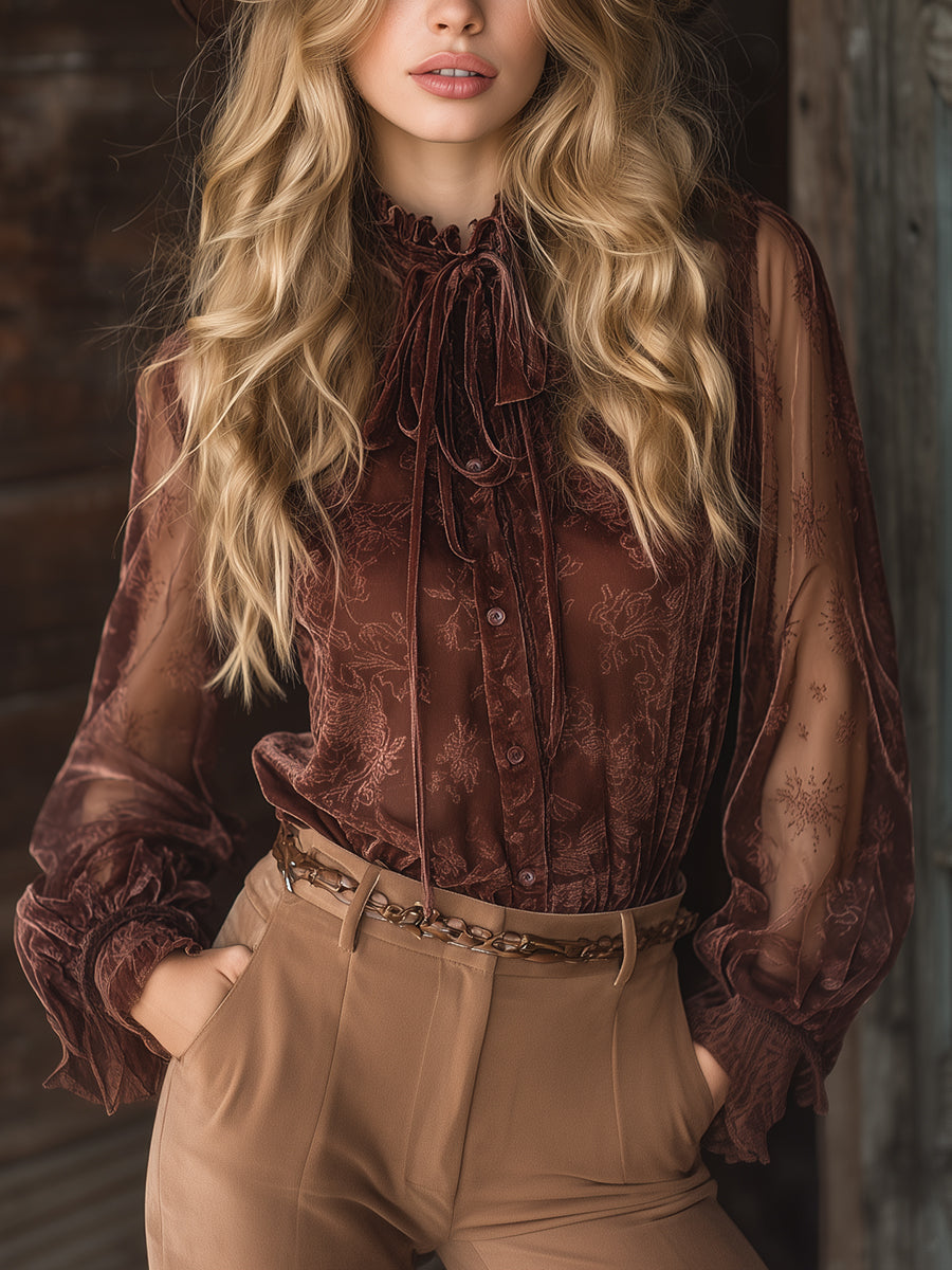 Retro Western-style Chiffon Printed Long-sleeved Brown Velvet Shirt