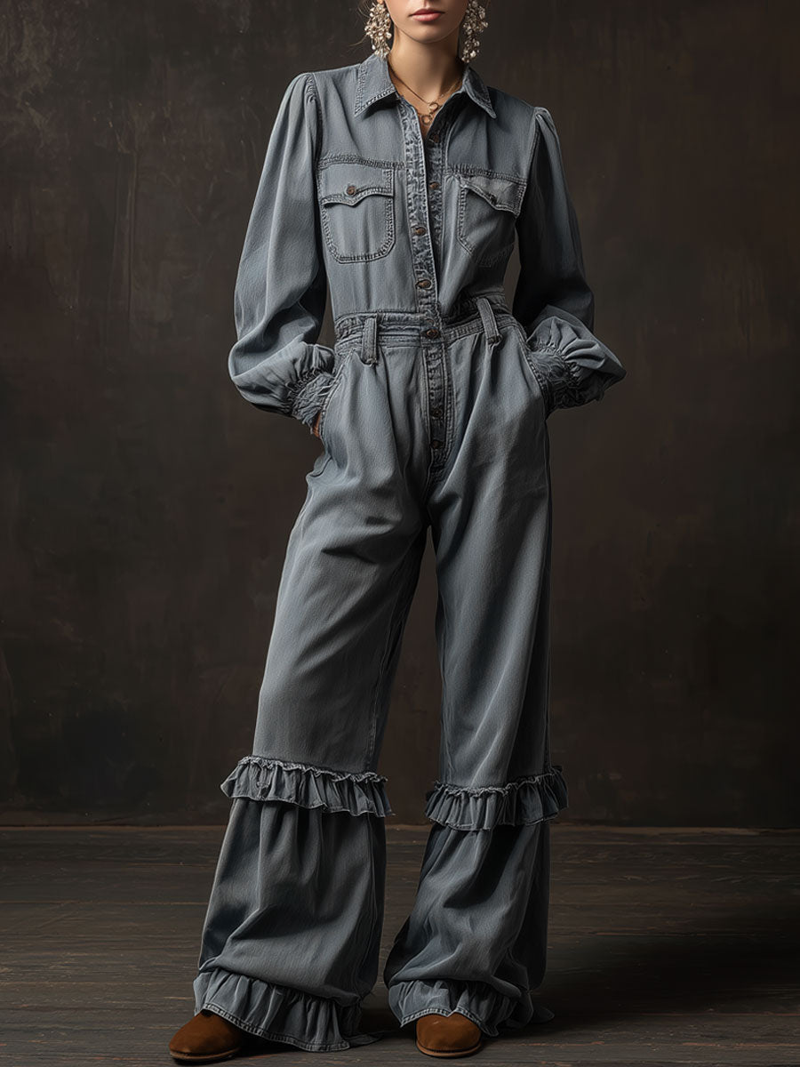 Casual Retro Gray-blue Denim Long-sleeved Ruffled Wide-leg Jumpsuit