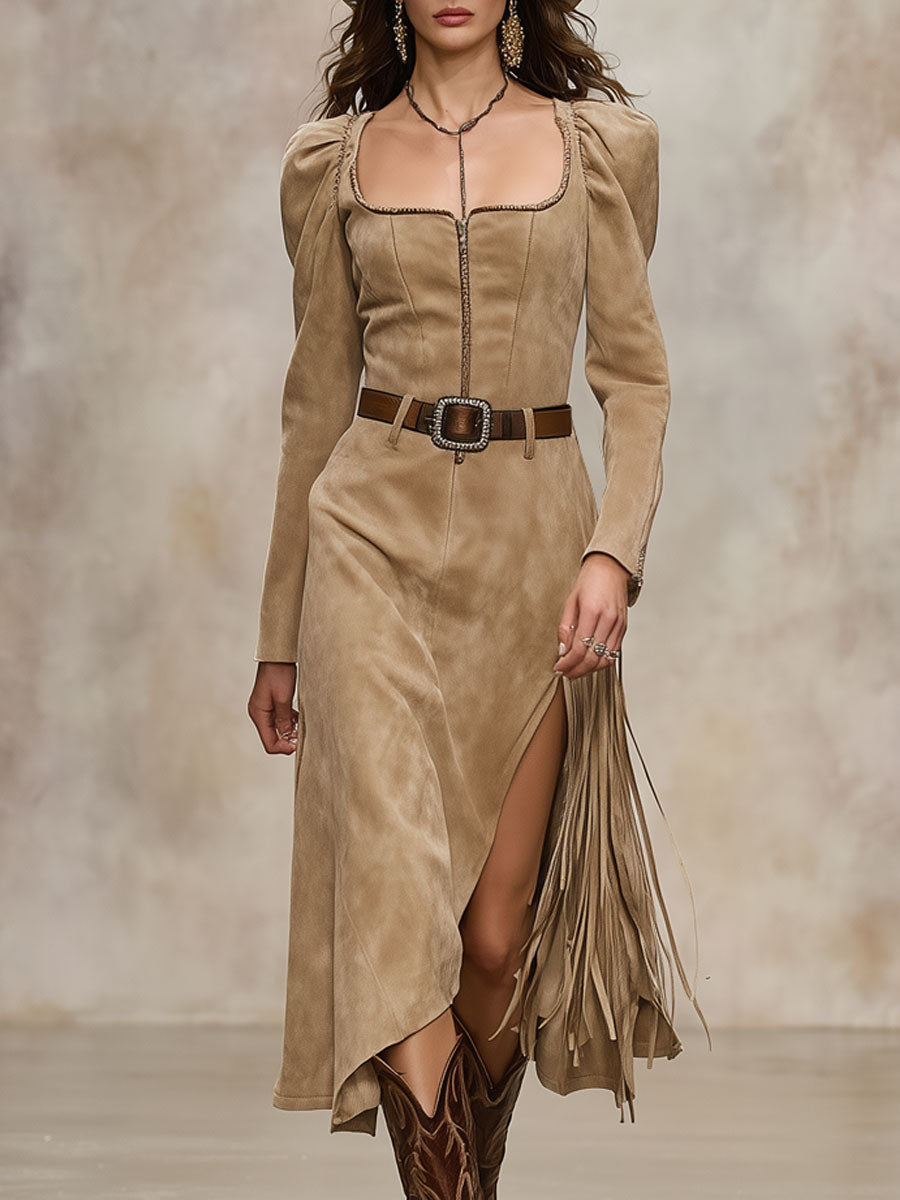 Western-style Retro Square Neck Zipper Apricot Faux Suede Tassel Midi Dress