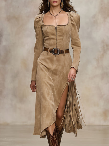 Western-style Retro Square Neck Zipper Apricot Faux Suede Tassel Midi Dress