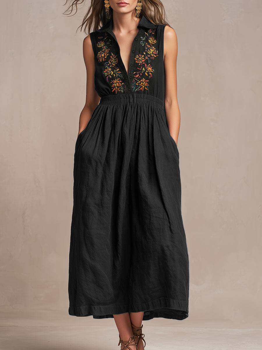 Vintage-style Embroidered Sleeveless Black Cotton Midi Dress
