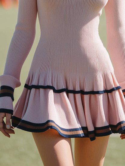 Elegant Sporty Flared Hem Pink Knit Mini Dress