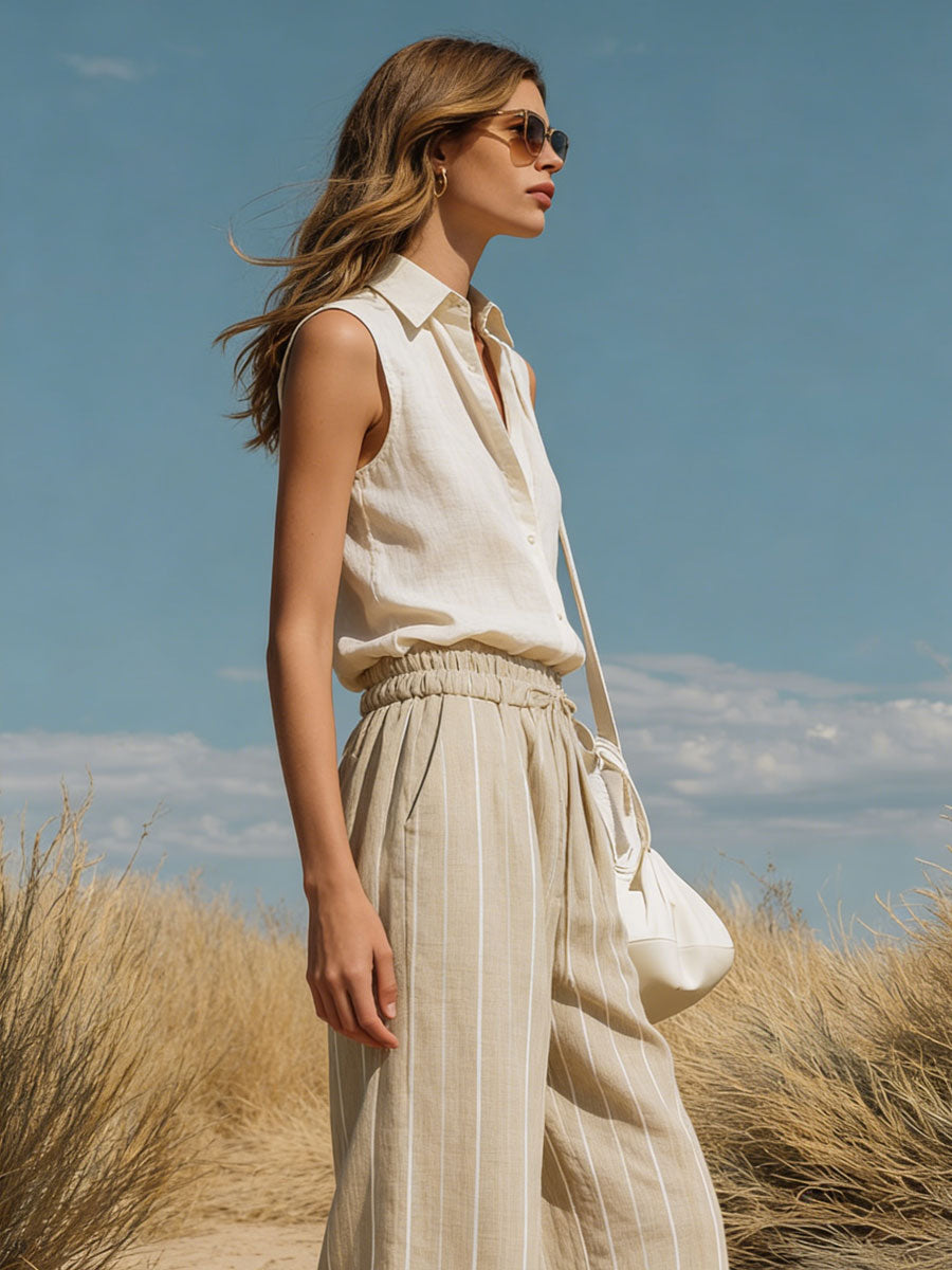 Casual Retro Cotton And Linen Sleeveless Shirt And Khaki Striped Wide-leg Pants Set