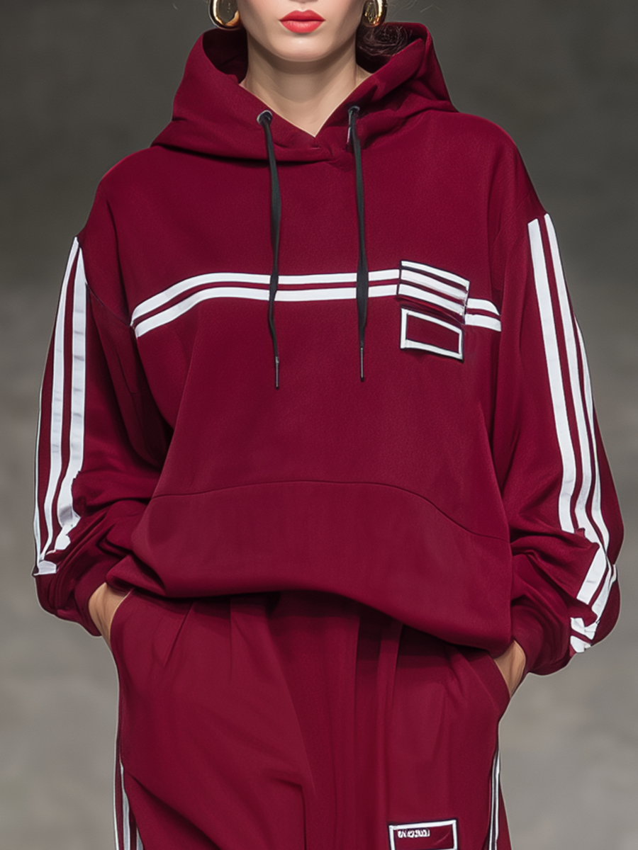 Sporty Retro Striped Hoodie And Wide-leg Pants Set