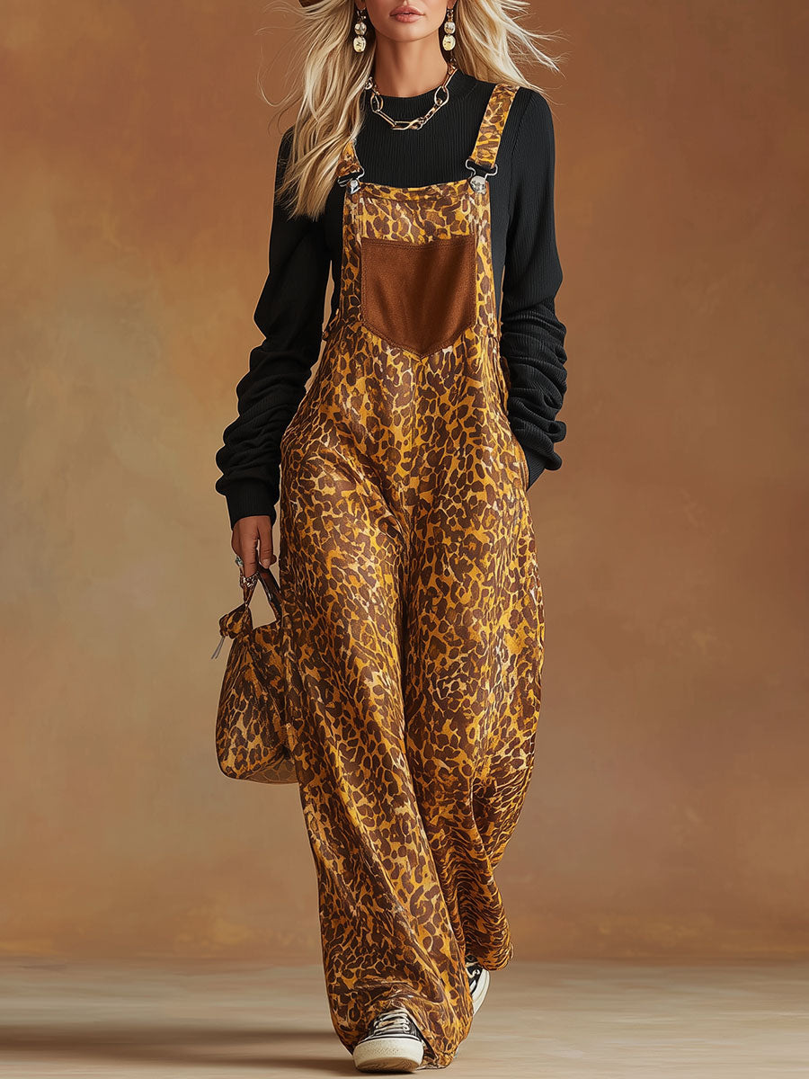 Stylish And Casual Yellow Leopard Print Overalls