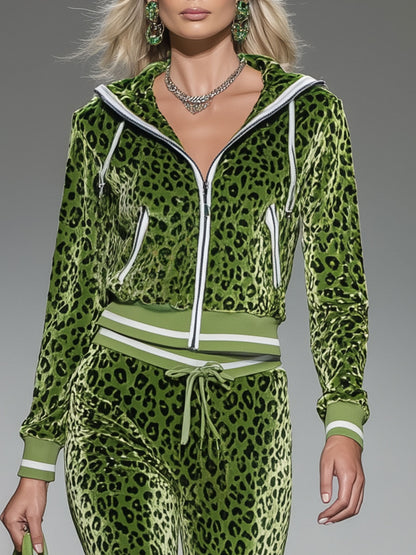 Stylish And Casual Green Leopard Print Hoodie And Pants Set