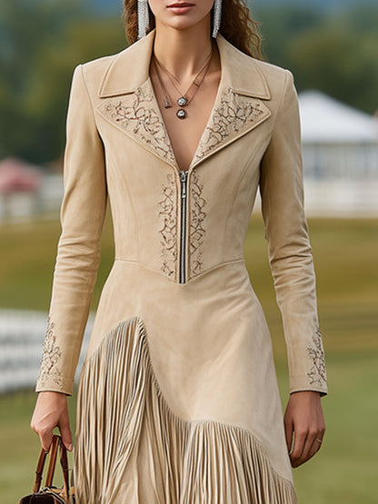 Western Retro Beige Faux Suede Embroidered Tassel Midi Dress