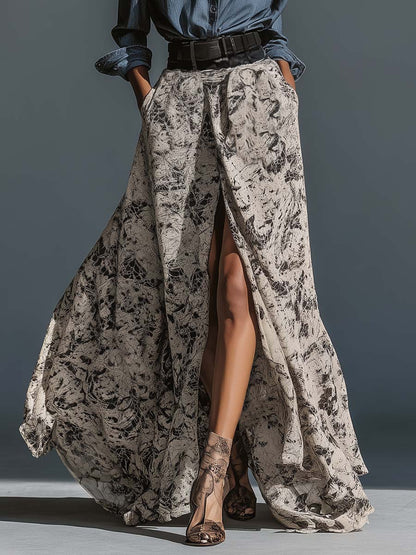 Retro Fashion Lapel Front Button Denim Patchwork Chiffon Printed Hem Slit Maxi Dress