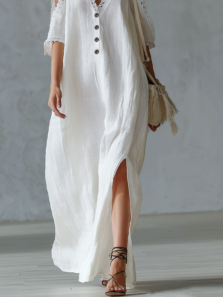 V-neck Lace-trimmed Off-the-shoulder Cotton And Linen Short-sleeved Maxi Dress
