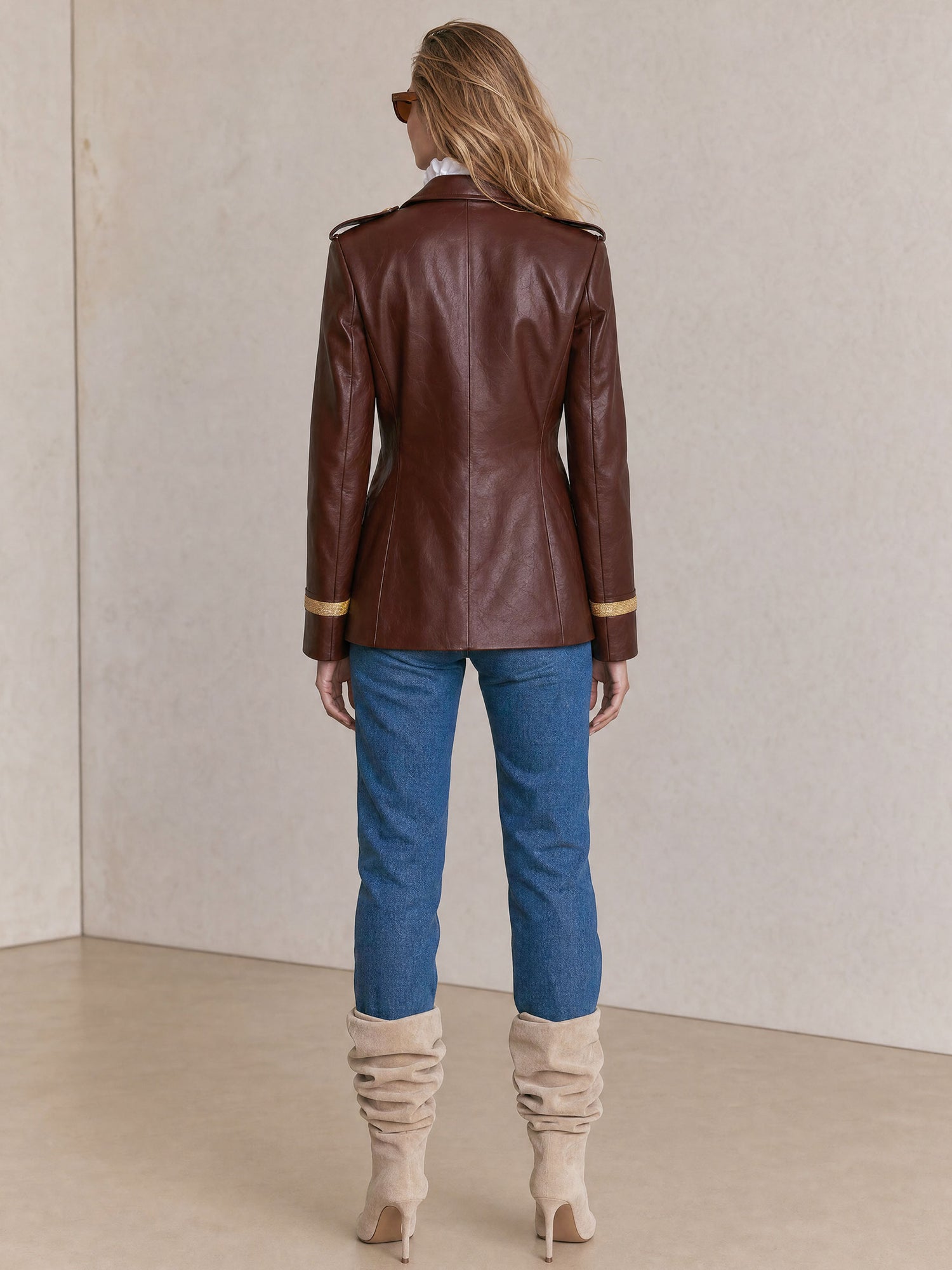 Casual Retro Gold Ribbon Brown PU Blazer