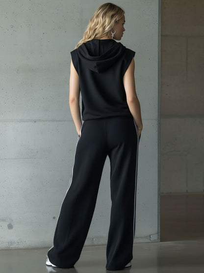 Sporty Retro Three-stripe Black Sleeveless Hooded Sweatshirt And Wide-leg Pants Set