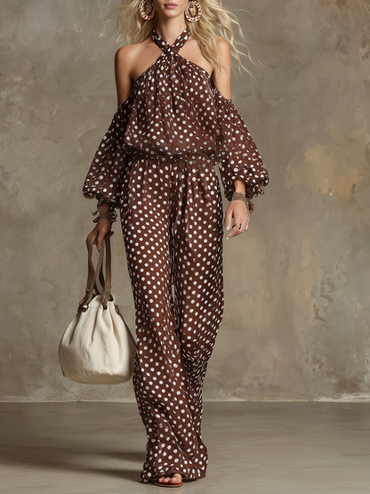 Elegant And Sophisticated Brown Polka Dot Print Chiffon Halter Neck Blouse And Wide-leg Pants Set