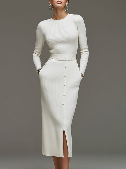 Fashionable Retro White Knitted Long-sleeved Slit Midi Dress