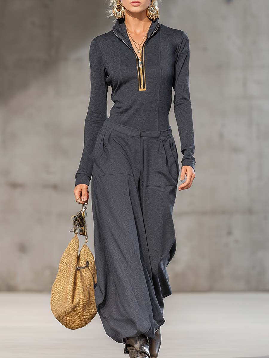 Casual Retro Sports Dark Gray Half high Collar Front Zipper Long sleeved Top Wide Pants Set
