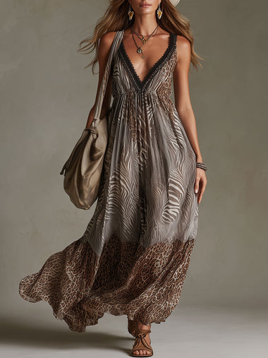 Vacation Retro Leopard Print Zebra Brown Chiffon V-Neck Lace Sleeveless Maxi Dress