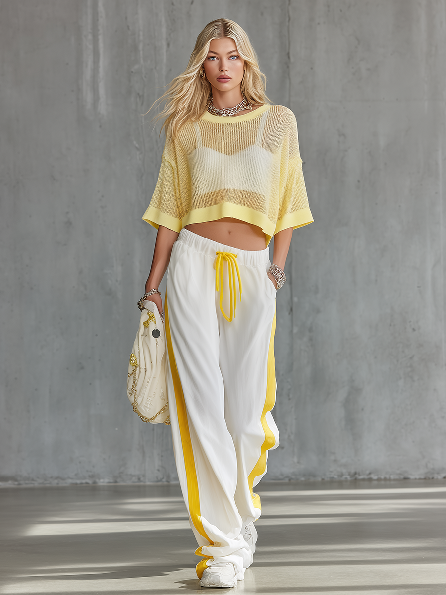 Athletic And Casual Style Short-sleeved Knitted T-shirt And Wide-leg Pants Set